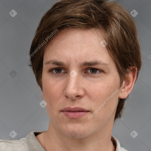 Joyful white adult female with short  brown hair and grey eyes