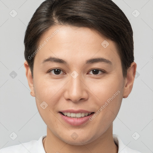 Joyful white young-adult female with short  brown hair and brown eyes