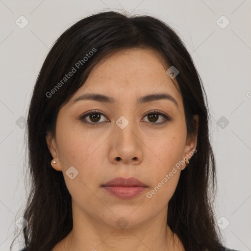 Neutral asian young-adult female with long  brown hair and brown eyes