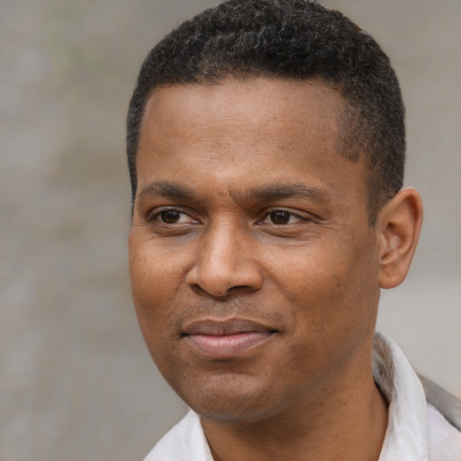 Joyful latino adult male with short  black hair and brown eyes