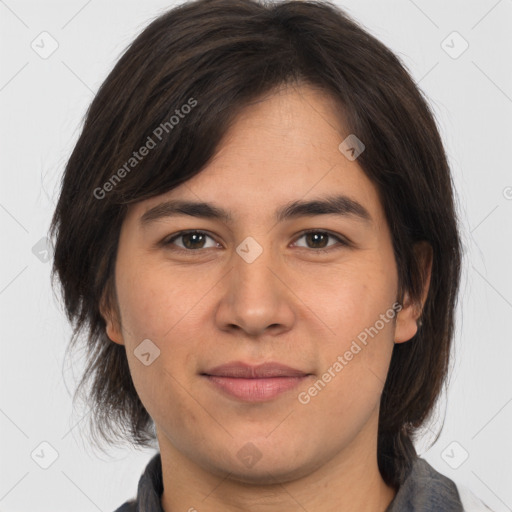 Joyful white young-adult female with medium  brown hair and brown eyes