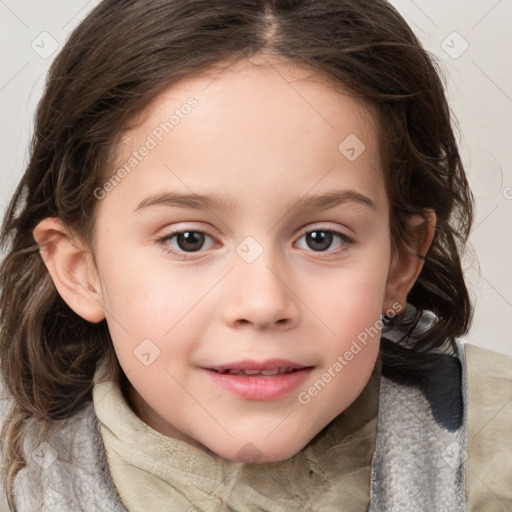 Joyful white child female with medium  brown hair and brown eyes