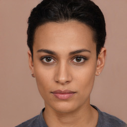 Neutral latino young-adult female with short  black hair and brown eyes