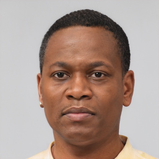 Neutral black adult male with short  black hair and brown eyes