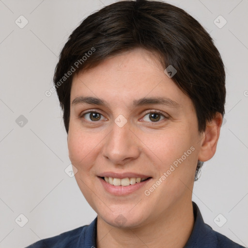 Joyful white young-adult female with short  brown hair and brown eyes