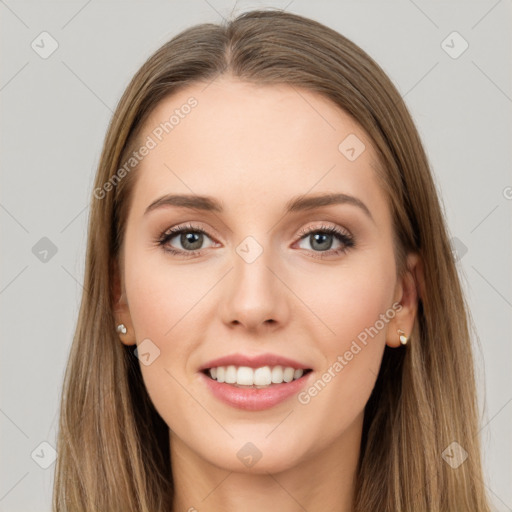 Joyful white young-adult female with long  brown hair and grey eyes