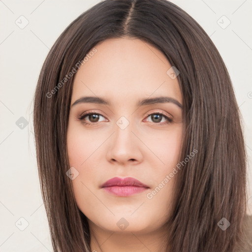 Neutral white young-adult female with long  brown hair and brown eyes