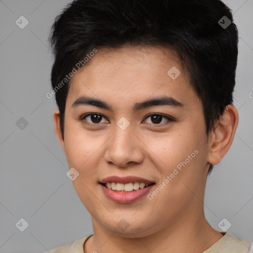 Joyful asian young-adult male with short  brown hair and brown eyes