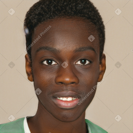 Joyful black young-adult male with short  brown hair and brown eyes