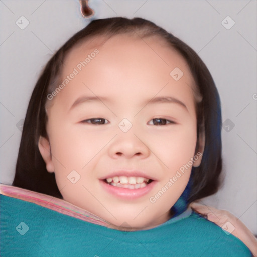 Joyful white child female with short  brown hair and brown eyes