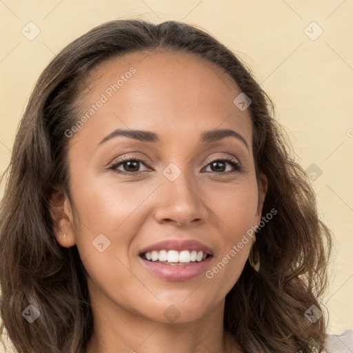 Joyful white young-adult female with long  brown hair and brown eyes