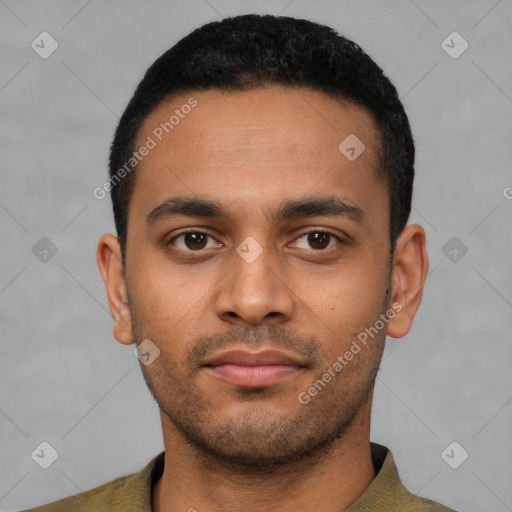Neutral latino young-adult male with short  black hair and brown eyes