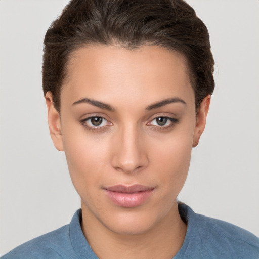 Neutral white young-adult female with short  brown hair and brown eyes