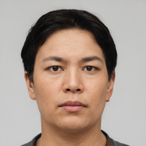 Neutral asian young-adult female with short  black hair and brown eyes