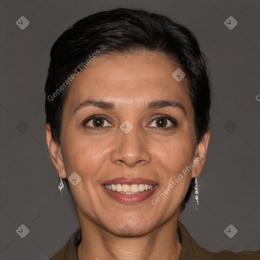 Joyful white adult female with short  brown hair and brown eyes