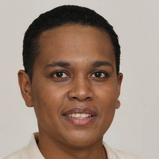 Joyful black adult male with short  brown hair and brown eyes