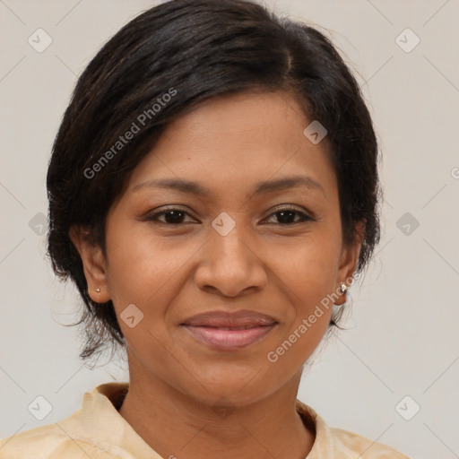 Joyful black young-adult female with medium  brown hair and brown eyes