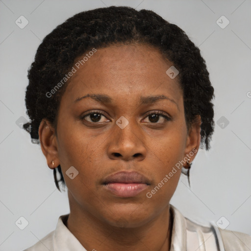 Neutral black young-adult female with short  brown hair and brown eyes