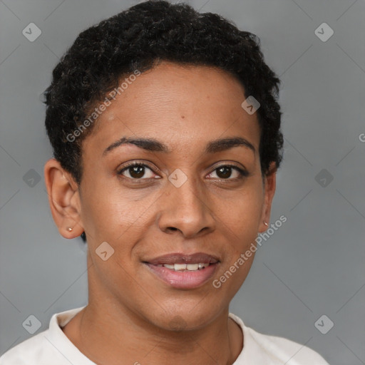 Joyful latino young-adult female with short  brown hair and brown eyes