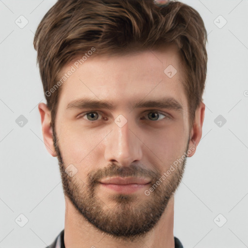 Neutral white young-adult male with short  brown hair and grey eyes