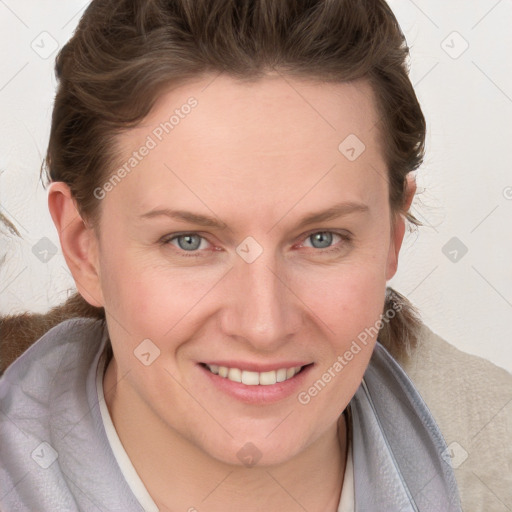 Joyful white young-adult female with medium  brown hair and blue eyes