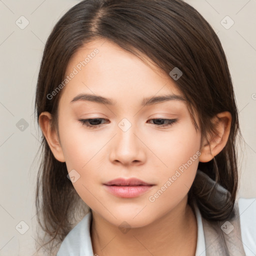 Neutral white young-adult female with medium  brown hair and brown eyes