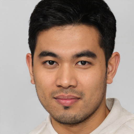 Neutral asian young-adult male with short  black hair and brown eyes
