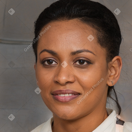 Joyful latino young-adult female with medium  brown hair and brown eyes