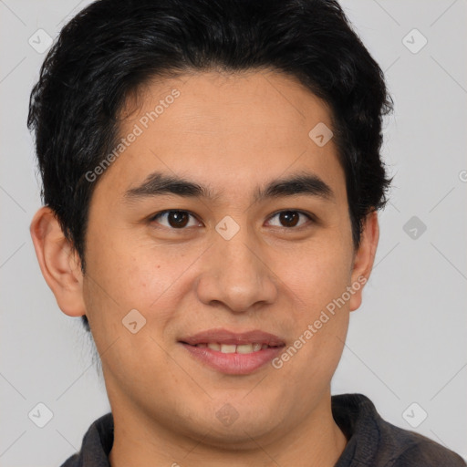 Joyful latino young-adult male with short  brown hair and brown eyes