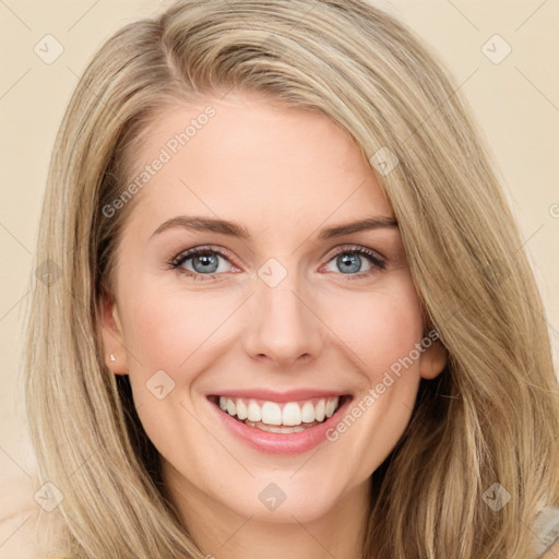 Joyful white young-adult female with long  brown hair and green eyes