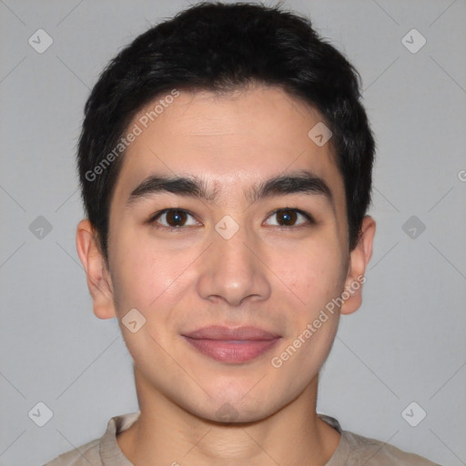 Joyful white young-adult male with short  black hair and brown eyes