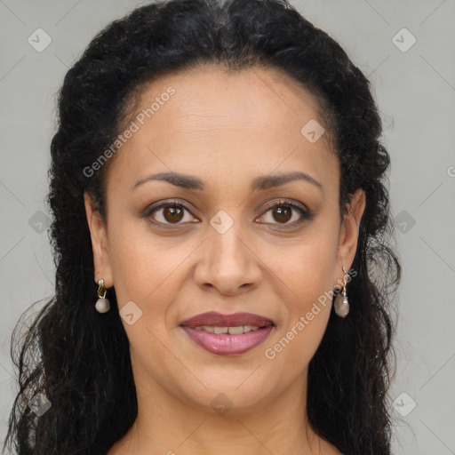 Joyful latino young-adult female with long  brown hair and brown eyes