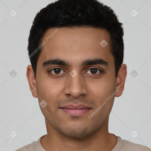 Neutral latino young-adult male with short  brown hair and brown eyes