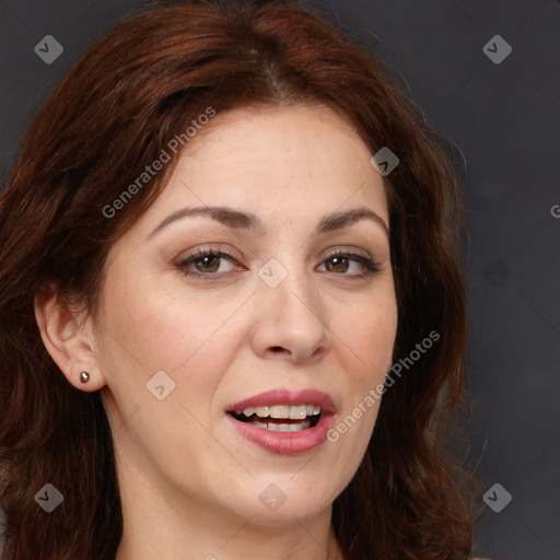 Joyful white young-adult female with long  brown hair and brown eyes