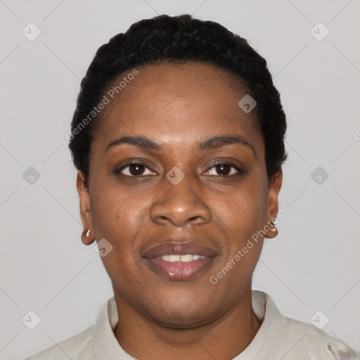 Neutral black young-adult female with short  black hair and brown eyes