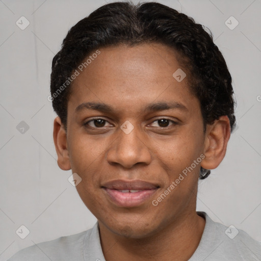 Joyful black young-adult male with short  black hair and brown eyes