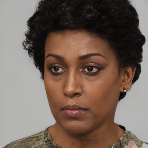 Neutral black young-adult female with short  black hair and brown eyes
