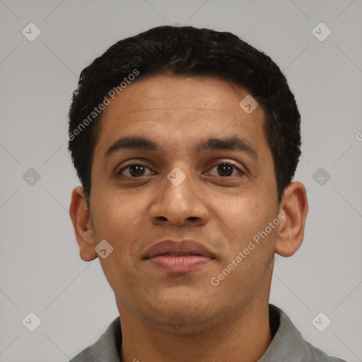 Neutral latino young-adult male with short  black hair and brown eyes