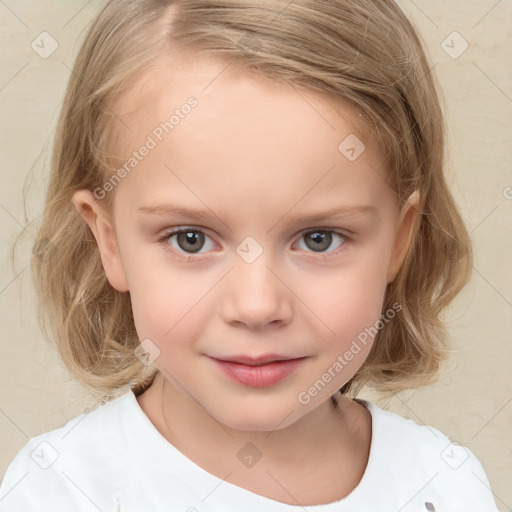 Joyful white child female with medium  brown hair and blue eyes