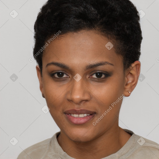 Joyful black young-adult female with short  brown hair and brown eyes