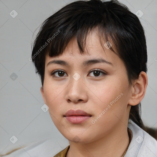 Neutral white young-adult female with short  brown hair and brown eyes