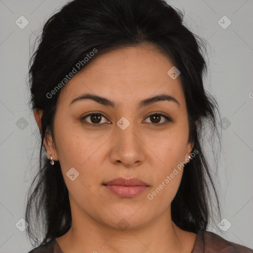 Neutral asian young-adult female with medium  brown hair and brown eyes