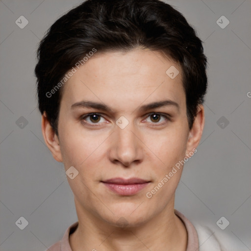 Joyful white young-adult female with short  brown hair and brown eyes