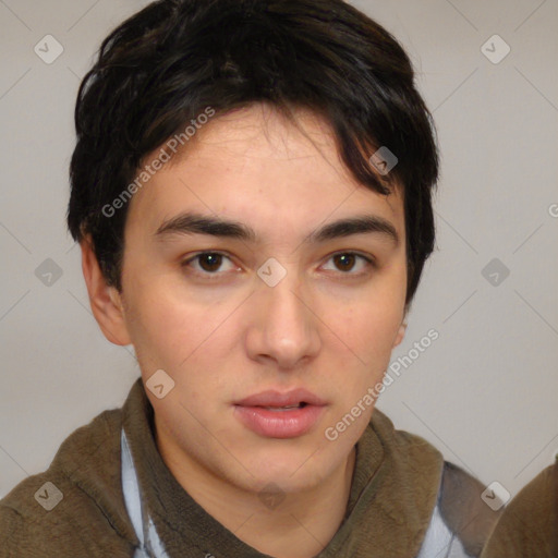 Neutral white young-adult male with short  brown hair and brown eyes