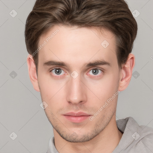 Neutral white young-adult male with short  brown hair and grey eyes