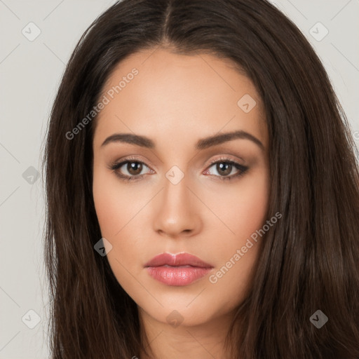 Neutral white young-adult female with long  brown hair and brown eyes