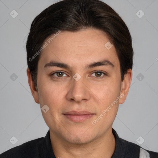 Joyful white adult male with short  brown hair and brown eyes