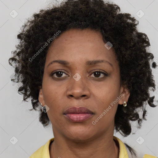 Joyful black adult female with short  brown hair and brown eyes