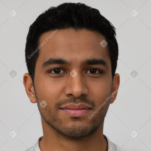 Neutral latino young-adult male with short  black hair and brown eyes