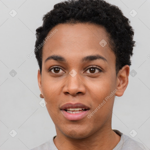 Joyful latino young-adult female with short  black hair and brown eyes